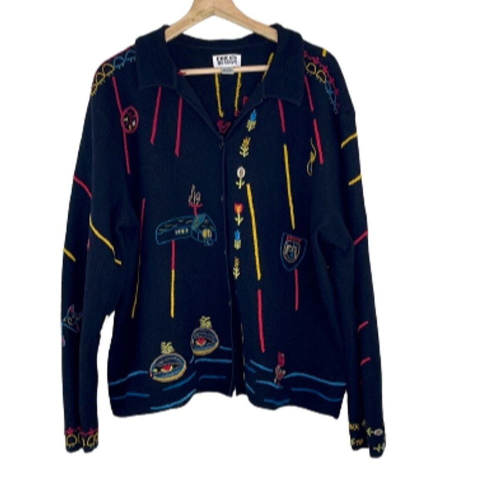 CHICO'S DESIGH‎ BLACK EMBROIDERED WOOL CARDIGAN SIZE 3